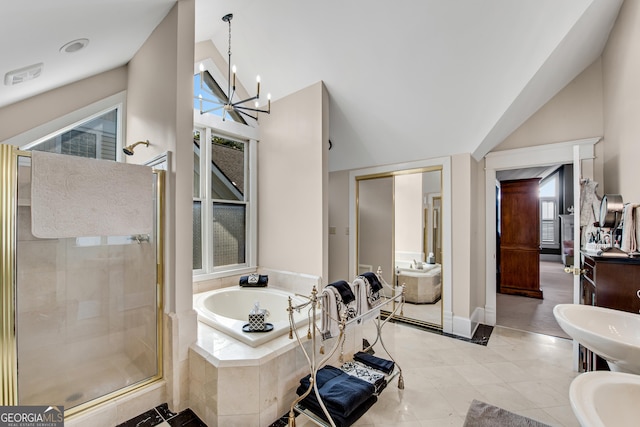 bathroom with lofted ceiling, tile patterned flooring, independent shower and bath, and an inviting chandelier