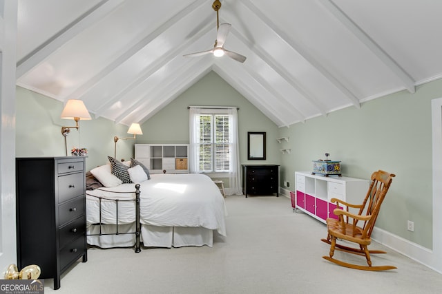 bedroom featuring light carpet, vaulted ceiling with beams, and ceiling fan