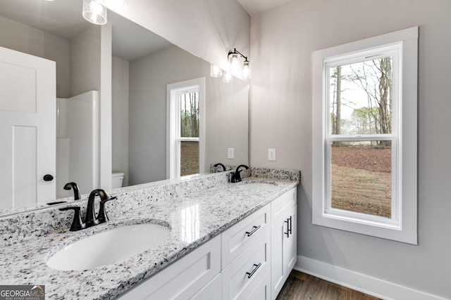 bathroom featuring hardwood / wood-style flooring, vanity, toilet, and a shower