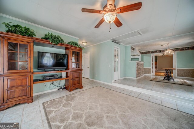 3170 Ebenezer Rd, Marietta, GA 30066 - tiled living room featuring ornamental molding, a ceiling fan, attic access, and baseboards