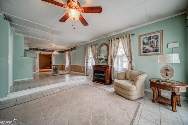 3170 Ebenezer Rd, Marietta, GA 30066 - tiled living room with attic access, a ceiling fan, baseboards, wainscoting, and a fireplace