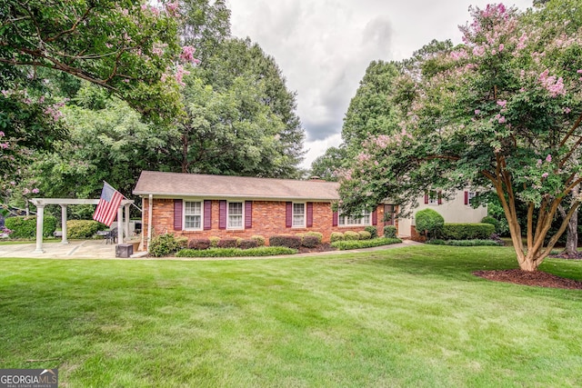 view of front of home with a patio, a pergola, and a front lawn