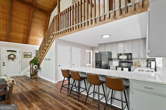 kitchen with sink, a breakfast bar area, high vaulted ceiling, wooden ceiling, and black appliances