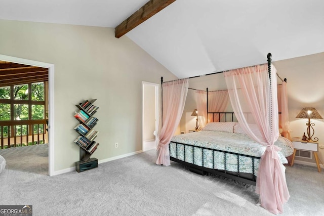 bedroom with carpet flooring and lofted ceiling with beams