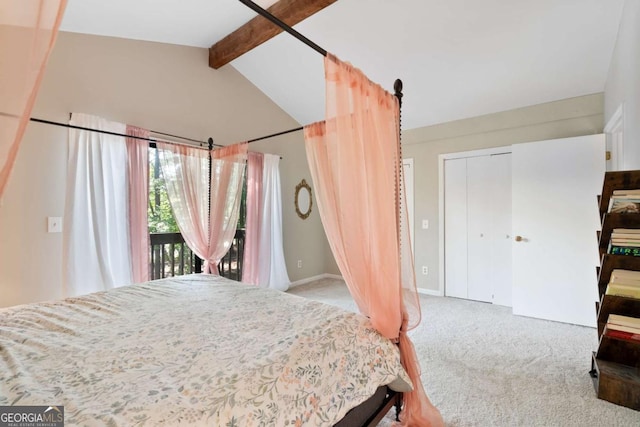 carpeted bedroom featuring lofted ceiling with beams, access to outside, and a closet