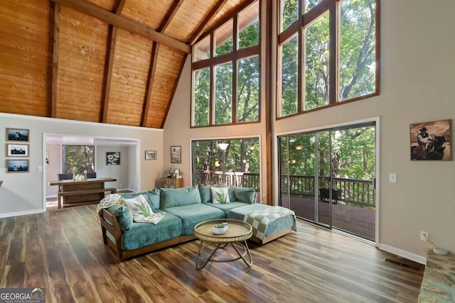 living room featuring hardwood / wood-style flooring, wood ceiling, high vaulted ceiling, and beamed ceiling