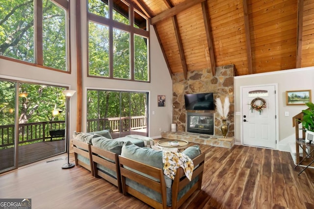 living room featuring beam ceiling, wood ceiling, high vaulted ceiling, and hardwood / wood-style flooring