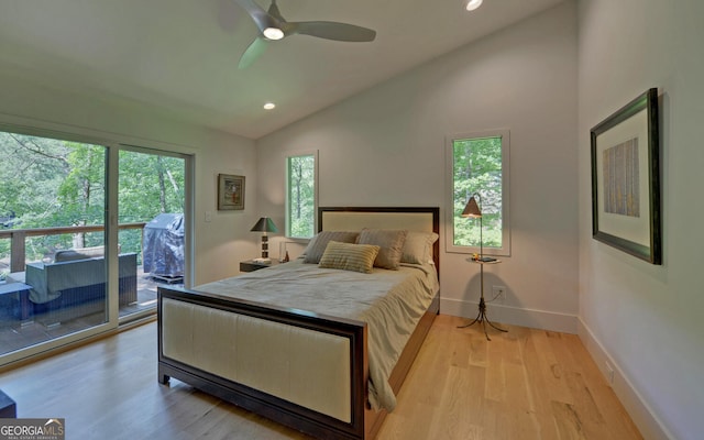 bedroom featuring lofted ceiling, access to outside, ceiling fan, and light hardwood / wood-style floors