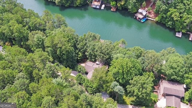 drone / aerial view with a water view