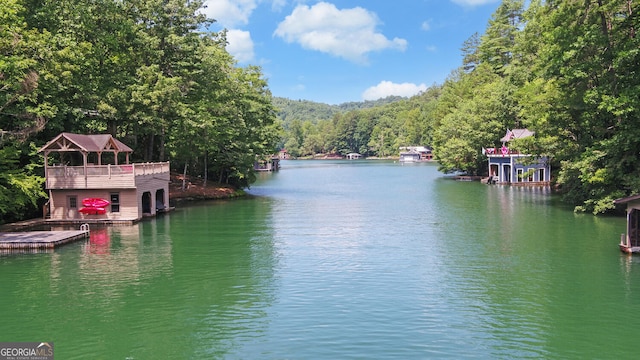 view of water feature with a dock