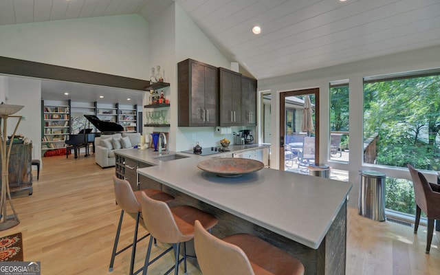 kitchen featuring light hardwood / wood-style floors, dark brown cabinetry, a breakfast bar, and sink