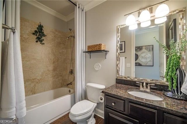 full bathroom with shower / bath combo, vanity, wood-type flooring, ornamental molding, and toilet