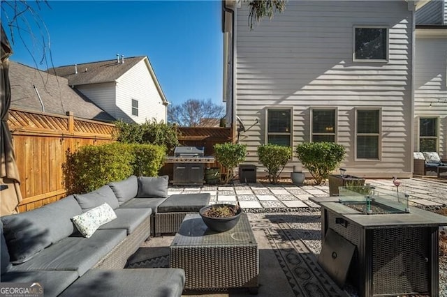 view of patio / terrace featuring outdoor lounge area, a grill, and a pergola