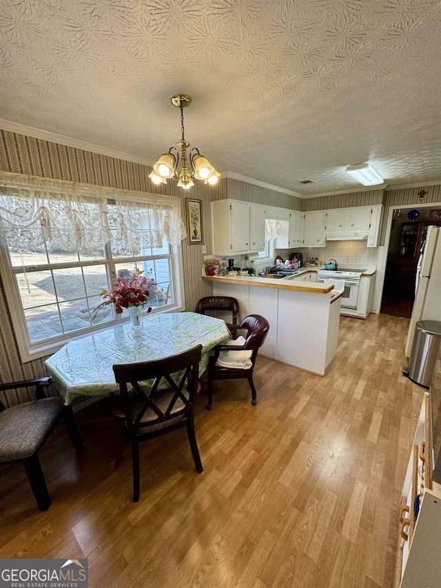 dining area with crown molding, a chandelier, a textured ceiling, and light wood-type flooring