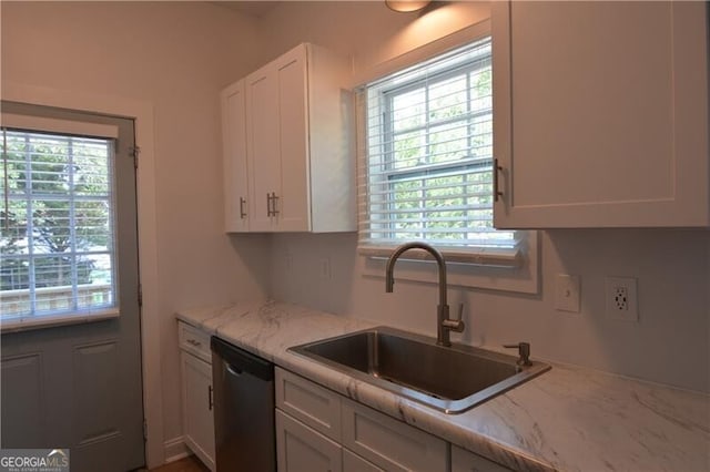 kitchen featuring white cabinetry, plenty of natural light, dishwasher, and sink