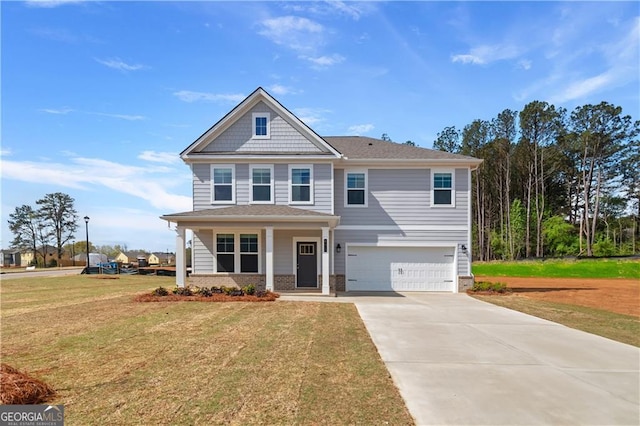 craftsman-style home with a garage, covered porch, and a front lawn