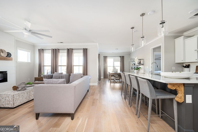 living room featuring a fireplace, sink, ornamental molding, ceiling fan, and light wood-type flooring