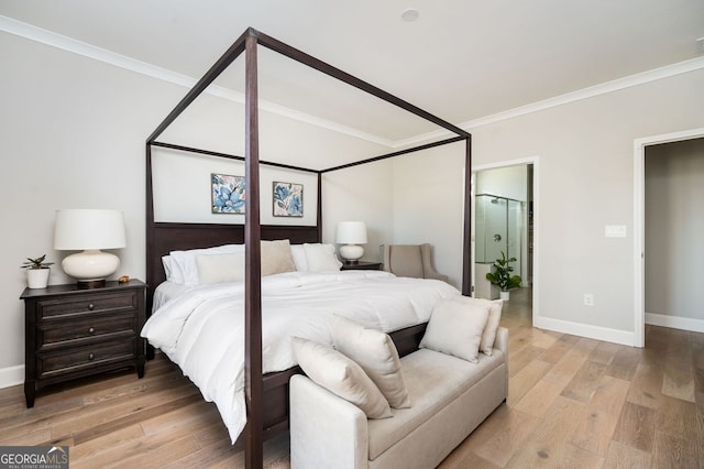 bedroom featuring light wood-style flooring, baseboards, and ornamental molding