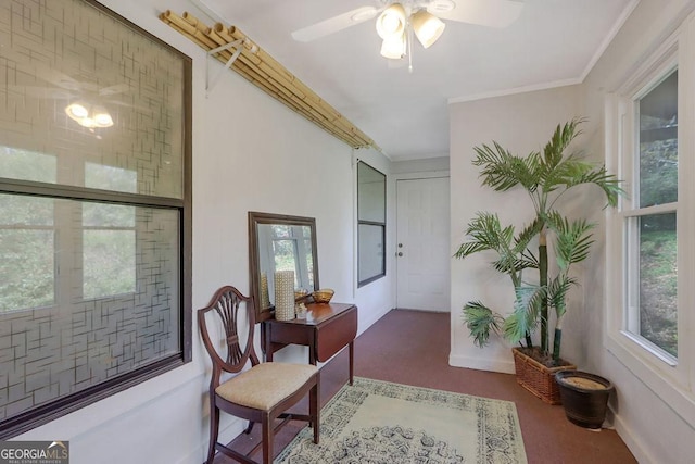 living area with crown molding and ceiling fan