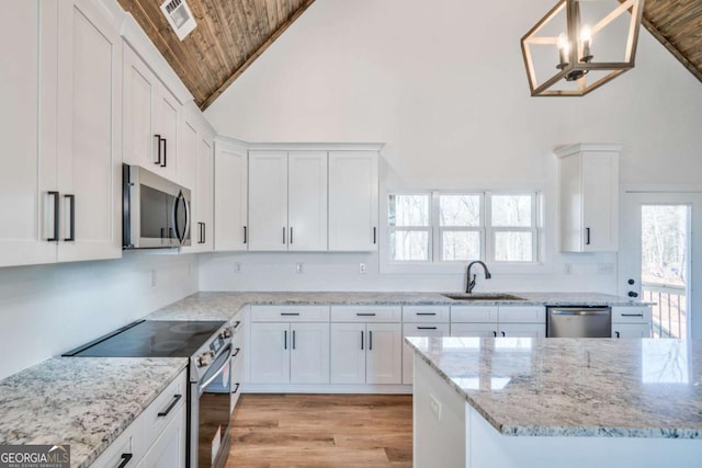 kitchen featuring pendant lighting, sink, white cabinets, and appliances with stainless steel finishes