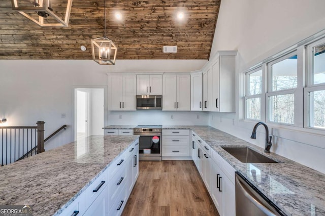 kitchen featuring white cabinetry, appliances with stainless steel finishes, sink, and pendant lighting