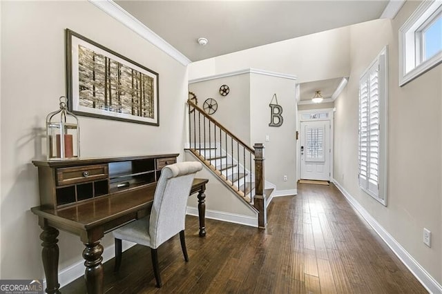 foyer entrance featuring crown molding and dark wood-type flooring