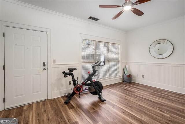 workout area with ornamental molding, hardwood / wood-style floors, and ceiling fan