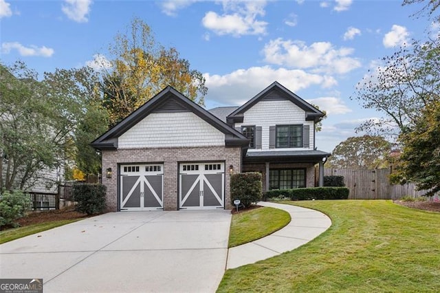 craftsman inspired home with a garage and a front yard