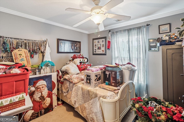 carpeted bedroom with crown molding and ceiling fan