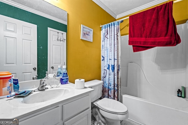 full bathroom featuring shower / bath combination with curtain, ornamental molding, toilet, and a textured ceiling