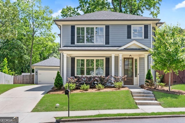 view of front of property with covered porch and a front lawn