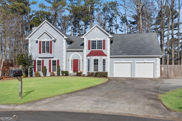 front facade with a garage and a front lawn