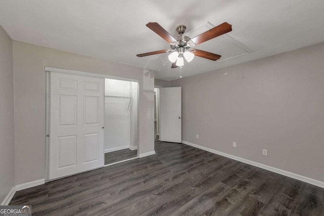 1333 Womack Ave, Atlanta, GA 30344 - unfurnished bedroom featuring dark hardwood / wood-style flooring, ceiling fan, and a closet
