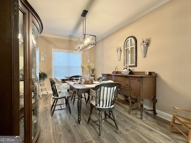 dining room featuring crown molding and dark wood-type flooring