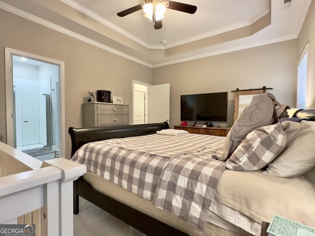 bedroom featuring crown molding, ceiling fan, and a raised ceiling