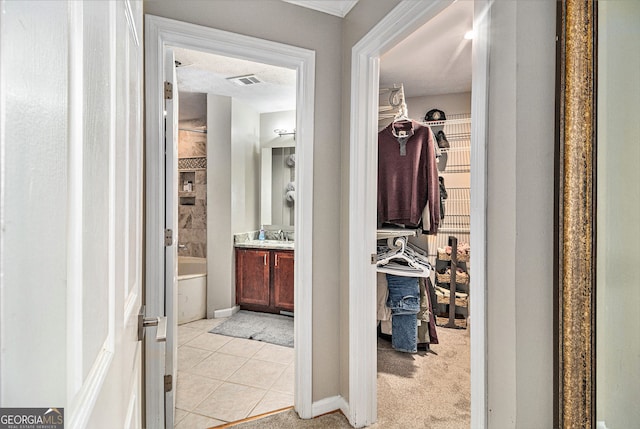 interior space with sink and light carpet