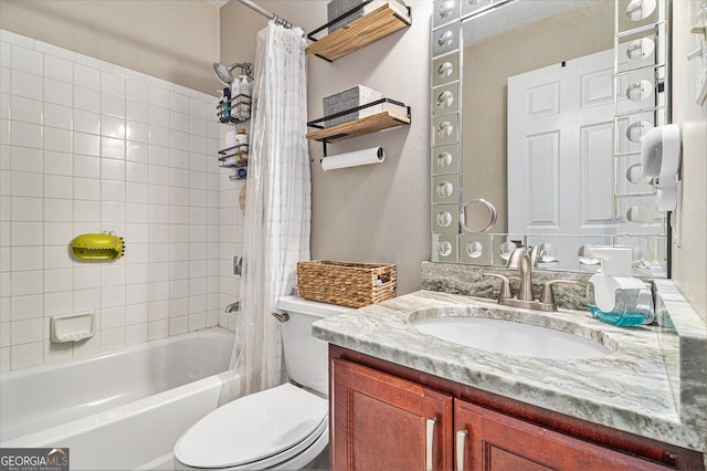 full bathroom featuring vanity, toilet, and shower / tub combo with curtain