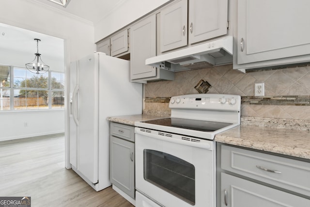 kitchen featuring tasteful backsplash, decorative light fixtures, ornamental molding, gray cabinets, and white appliances