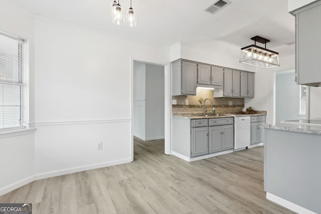 kitchen featuring sink, gray cabinets, dishwasher, hanging light fixtures, and backsplash