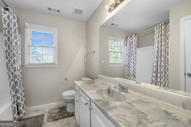 full bathroom featuring vanity, toilet, and shower / bathtub combination with curtain