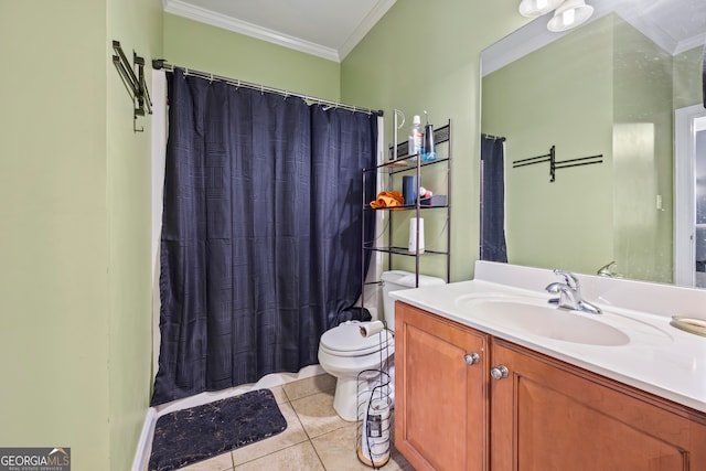 bathroom with crown molding, toilet, tile patterned floors, and vanity