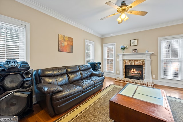 living room featuring wood-type flooring, plenty of natural light, and ornamental molding