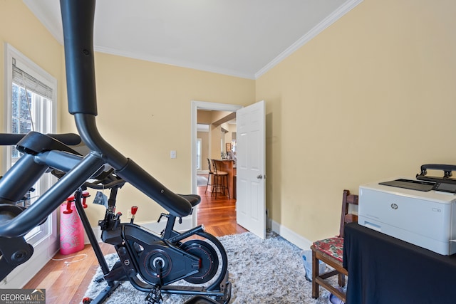 workout room with light hardwood / wood-style flooring and ornamental molding