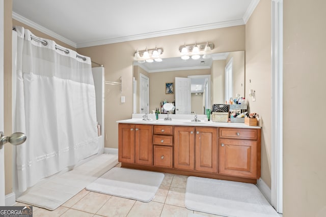 bathroom with tile patterned flooring, ornamental molding, shower / bath combination with curtain, and vanity