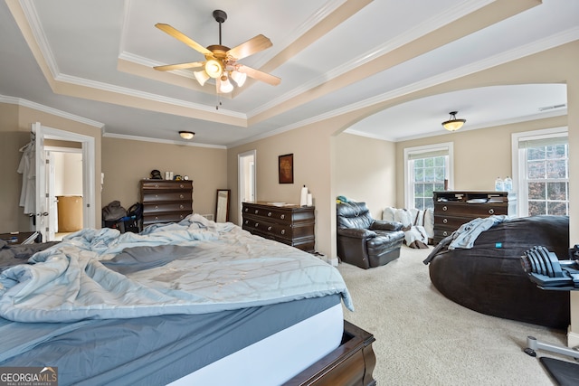 bedroom featuring ceiling fan, ornamental molding, a raised ceiling, and carpet floors