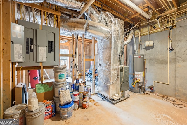 utilities featuring heating unit, electric panel, and water heater