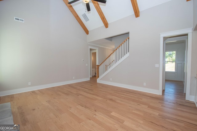 unfurnished living room featuring beam ceiling, light hardwood / wood-style flooring, high vaulted ceiling, and ceiling fan