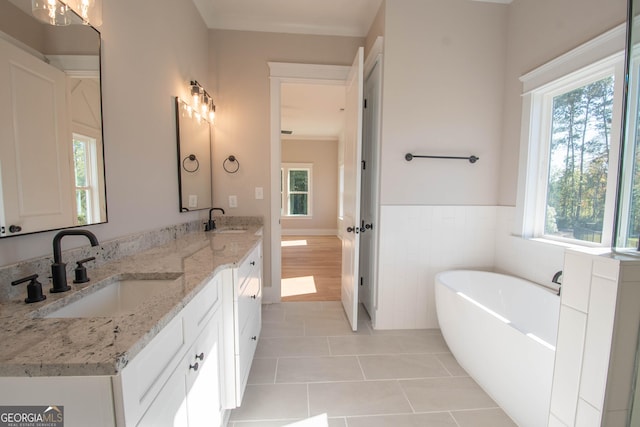 bathroom featuring tile patterned flooring, vanity, a tub, and a wealth of natural light