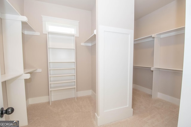 spacious closet featuring light carpet