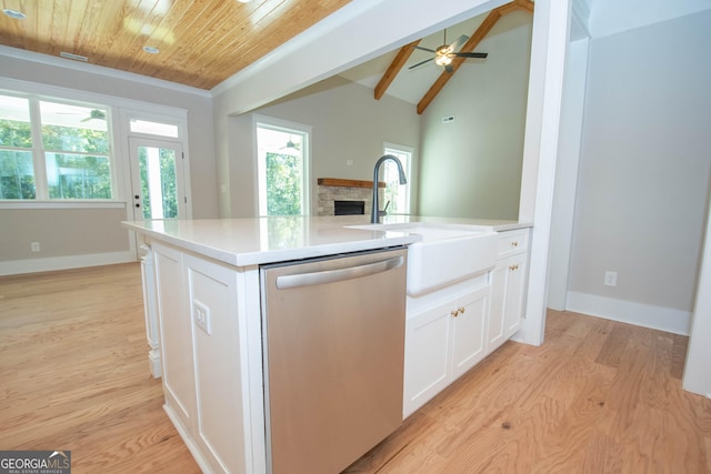 kitchen with dishwasher, sink, white cabinets, light hardwood / wood-style floors, and wooden ceiling